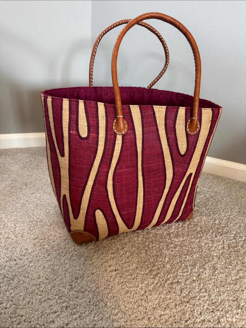 Woven Stripe Tote Bag in Burgundy and Tan